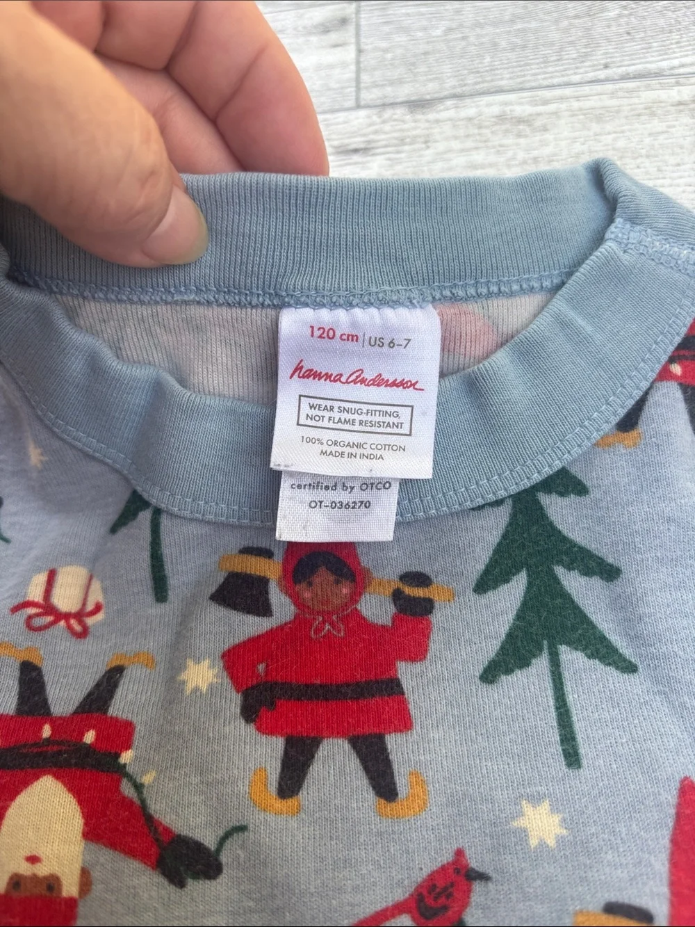 Hanna Anderson Kids Holiday Pajama Set - Light Blue with Red & Green Prints